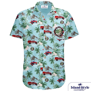 Hawaiian shirt with island-themed design featuring red trucks, palm trees, and bears on a light blue background. Brand 'Island Style Clothing' visible.