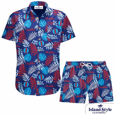 Blue tropical pattern shirt and shorts set with 'Island Style' branding on a white background.