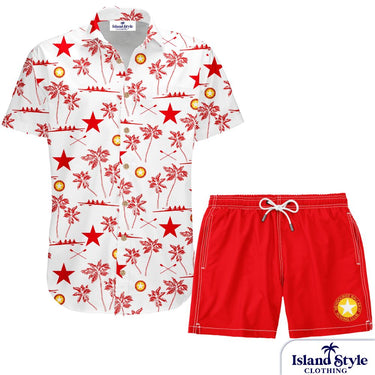 Hawaiian shirt with red star and palm tree pattern and red shorts on a white background, featuring 'Island Style Clothing'.