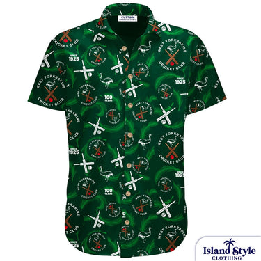 Green patterned shirt with cricket club logos on a white background, branded as Island Style Clothing.