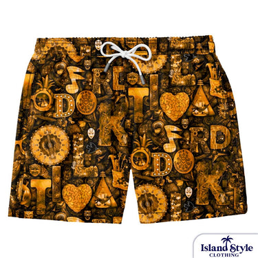 Shorts with vintage-style letter and symbol pattern on a white background, featuring 'Island Style Clothing' brand.