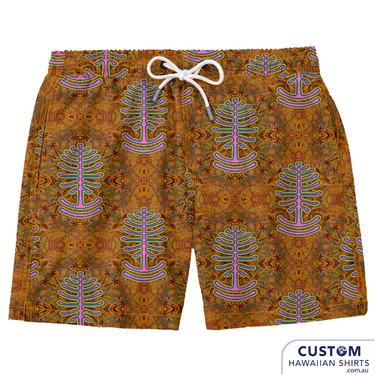 This year we supplied 3 different mens swim shorts for one of our local festivals and a Mens Hawaiian Shirt. We are based on the Sunshine Coast, QLD and Woodford has been a favourite of ours to visit for many years. A very funky Aussie print main image is a Bunya tree. These were available for sale in their merch tent. Custom Swim Shorts A soft 4-way stretch poly/lycra blend