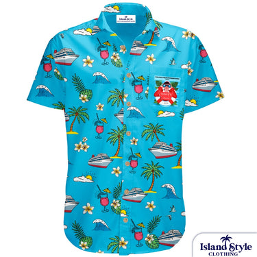 Blue Hawaiian shirt with tropical patterns on a white background