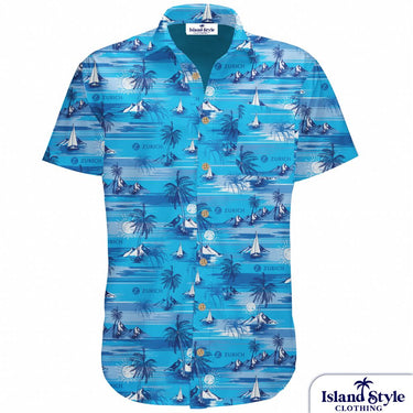 Zurich Financial Services Australia Pty Ltd | Custom Hawaiian Shirt Uniforms, blue shirt with palm tree, yachts and islands
