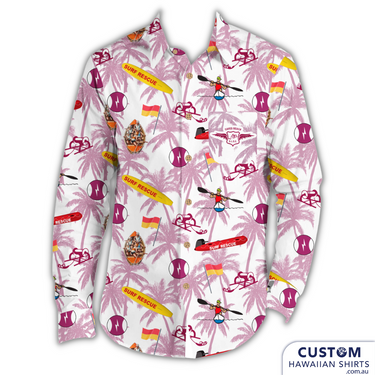 Tallebudgera Surf Life Saving Club wanted some long-sleeve cotton shirts also for custom uniforms, same design as the short-sleeve Hawaiian shirt just with extra sun cover. 100% cotton Chest pocket Coconut buttons custom hawaiian shirt uniforms personalised apparel