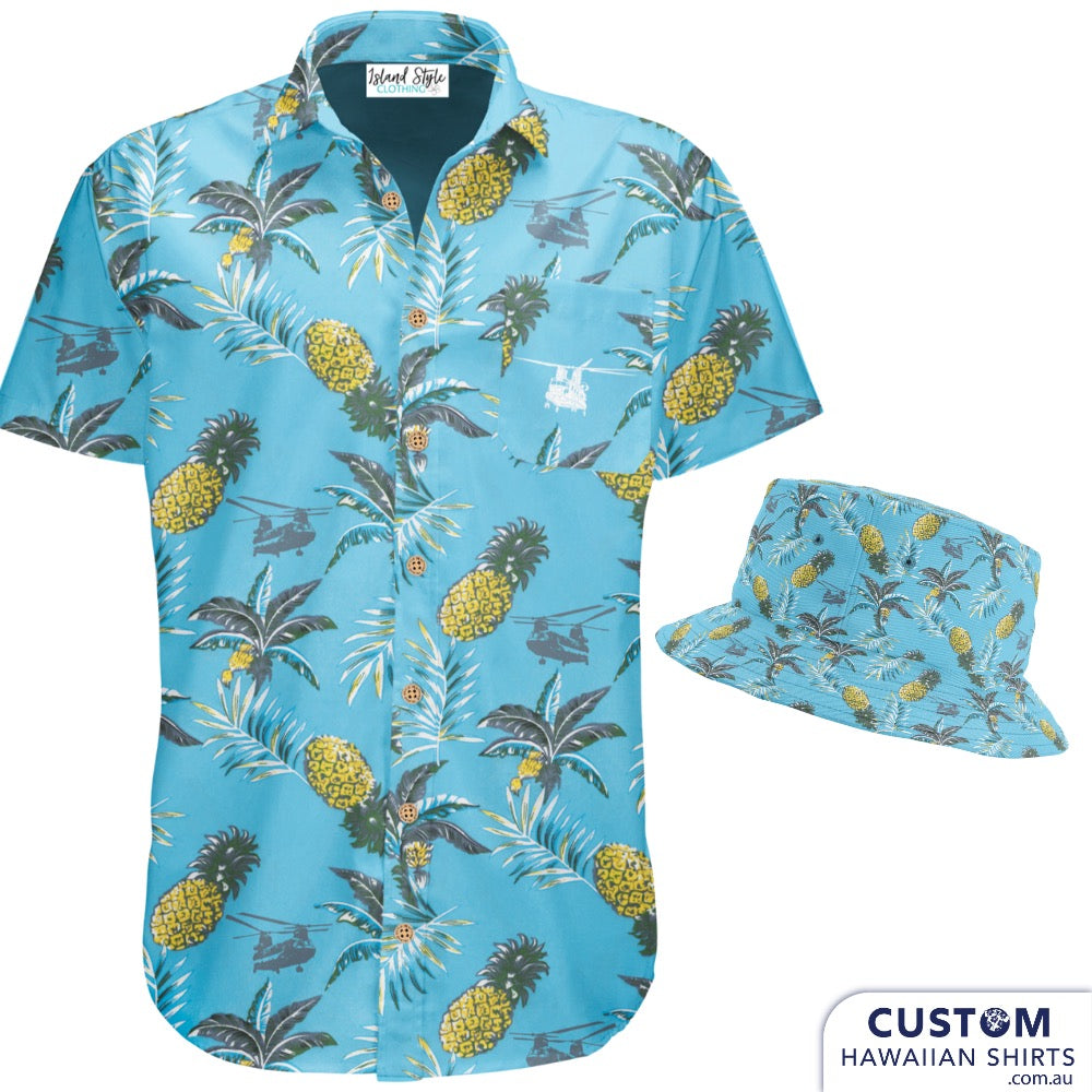 'Chook Chockers' came back a second time round for more wanted some customised Moral Shirts & Shorts. They also got Womens Shirts and Bucket Hats. The brief was a vintage Hawaiian print with Chinooks.  Off Duty Essentials 100% Cotton Shirts & Shorts Set Womens Shirts Bucket Hats