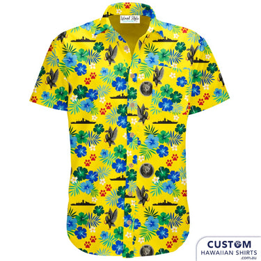 HMAS Perth Custom Aloha-Style Shirt: A Splash of Navy and Nature Dive into naval vibes with the HMAS Perth Custom Aloha-Style Shirt. In cheerful yellow, it's a canvas of nautical symbols—elegant swans, steadfast cats, and the ship's silhouette. Tropical flowers add a burst of colour, reflecting the diverse spirit of HMAS Perth's crew. Crafted for comfort, this shirt is more than fabric; it's a slice of HMAS Perth pride. Cotton Hawaiian Shirts Mens Shirts Embossed coconut buttons