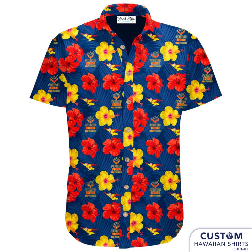 Storage Choice - Custom Hawaiian Shirts. Professionalism meets Paradise. Show your workplace that you are an individual with this unique outfit.  They requested the infusion of their brand identity and colours to maintain an on-brand look. Additionally, they expressed the desire to prominently feature both their logo and their cartoon superhero mascot throughout the design.  100% Cotton Mens & Womens Shirts