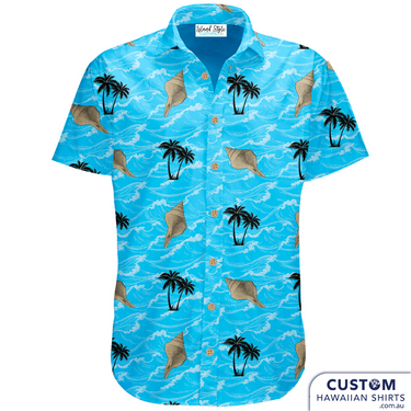 A second order for this family in Cairns, Far North Queensland. Friends and family wore these custom-designed Hawaiian shirts and at their wedding celebrations. They wanted a blue ocean background with flowers, palms and large shells. Let us design some personalised shirts for your special event. 100% Cotton Embossed Coconut Buttons Free design - Sunshine Coast, QLD.