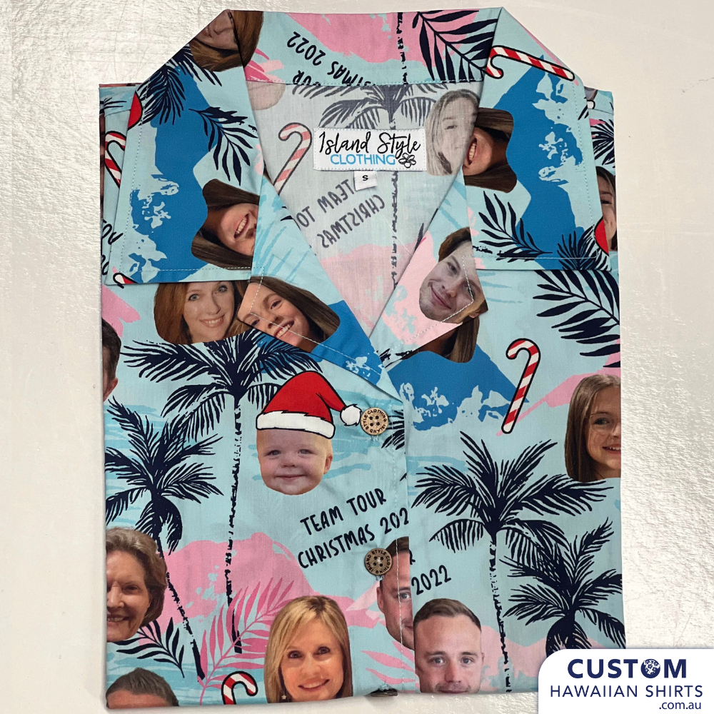 These fun and festive custom face Christmas shirts were designed for a family Xmas celebration. They wanted a tropical yet Xmassy look with their faces on it. Merry Christmas to that!  Let us design one for your special Christmas shirts for your family, Club or business.  100% Soft Rayon Top Pocket Embossed Coconut Buttons Free design - Sunshine Coast, QLD.