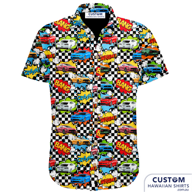 This group of mates attend Supercar racing events and last year were in Melbourne for the big Race. This is the matching personalised shirts they ordered. 3 versions. 100% rayon Open classic collar Coconut shell buttons