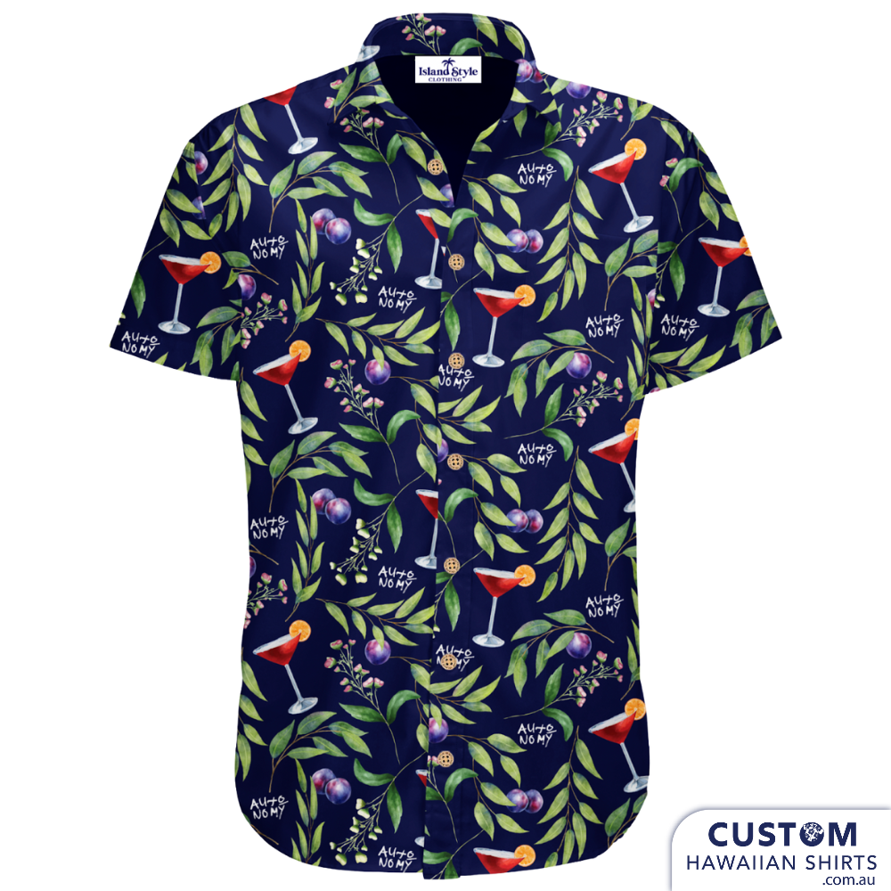 Autonomy Distillery in Melbourne had lots of ideas for their new uniforms. We think it looks fab with the dark navy base, olive leaves, olives and of course the classic cocktail glass.   Custom Hawaiian Shirts Soft touch rayon Coconut embossed buttons
