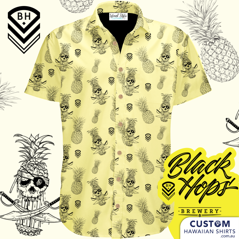 We love the simplicity of this shirt for Black Hops Brewery with 2 venues on the Gold Coast and one in Brisbane, QLD. The design includes their logo, pineapples and sliced pineapples with a skull inserted. This shirt surely is a conversation starter. They wear as bar staff uniforms and also sell to their loyal customers. Walking Billboards. 
