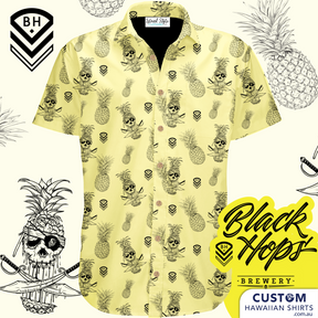 We love the simplicity of this shirt for Black Hops Brewery with 2 venues on the Gold Coast and one in Brisbane, QLD. The design includes their logo, pineapples and sliced pineapples with a skull inserted. This shirt surely is a conversation starter. They wear as bar staff uniforms and also sell to their loyal customers. Walking Billboards. 