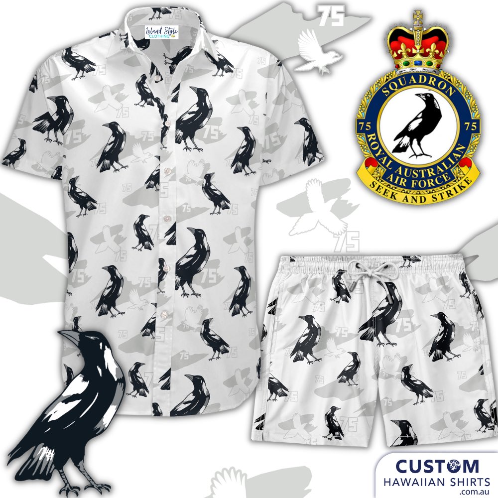 75 SQUADRON, AUSSIE RAAF - Magpies75 SQD, RAAF - Aussie Military their insignia is a Magpie and this made a stand-out and uniquely Australian custom shirt. Hawaiian Shirts & Shorts 100% Cotton