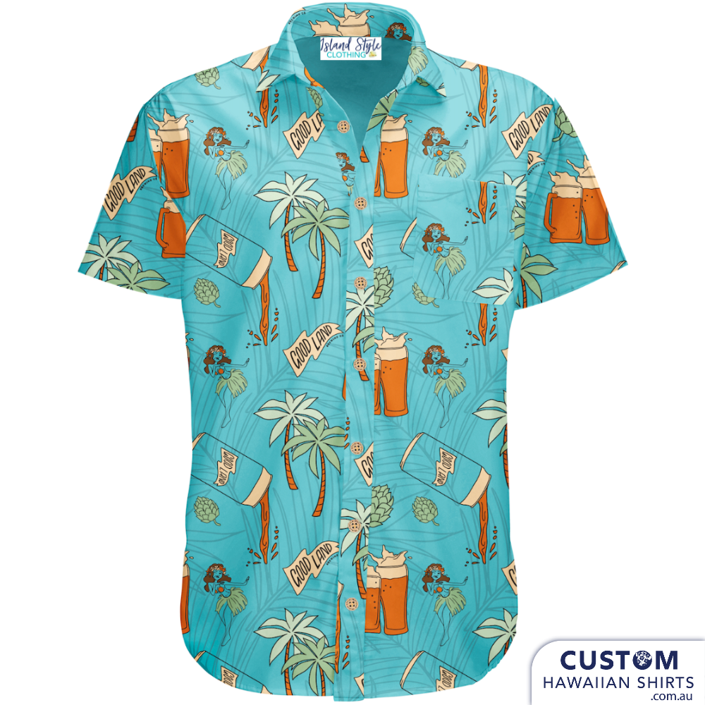 Good Land Brewing Co sent in their own design and it rocks!   They wear as bar staff uniforms and also sell as merch to their loyal customers. Walking Billboards.  Custom Hawaiian Shirts Soft touch rayon Coconut embossed buttons