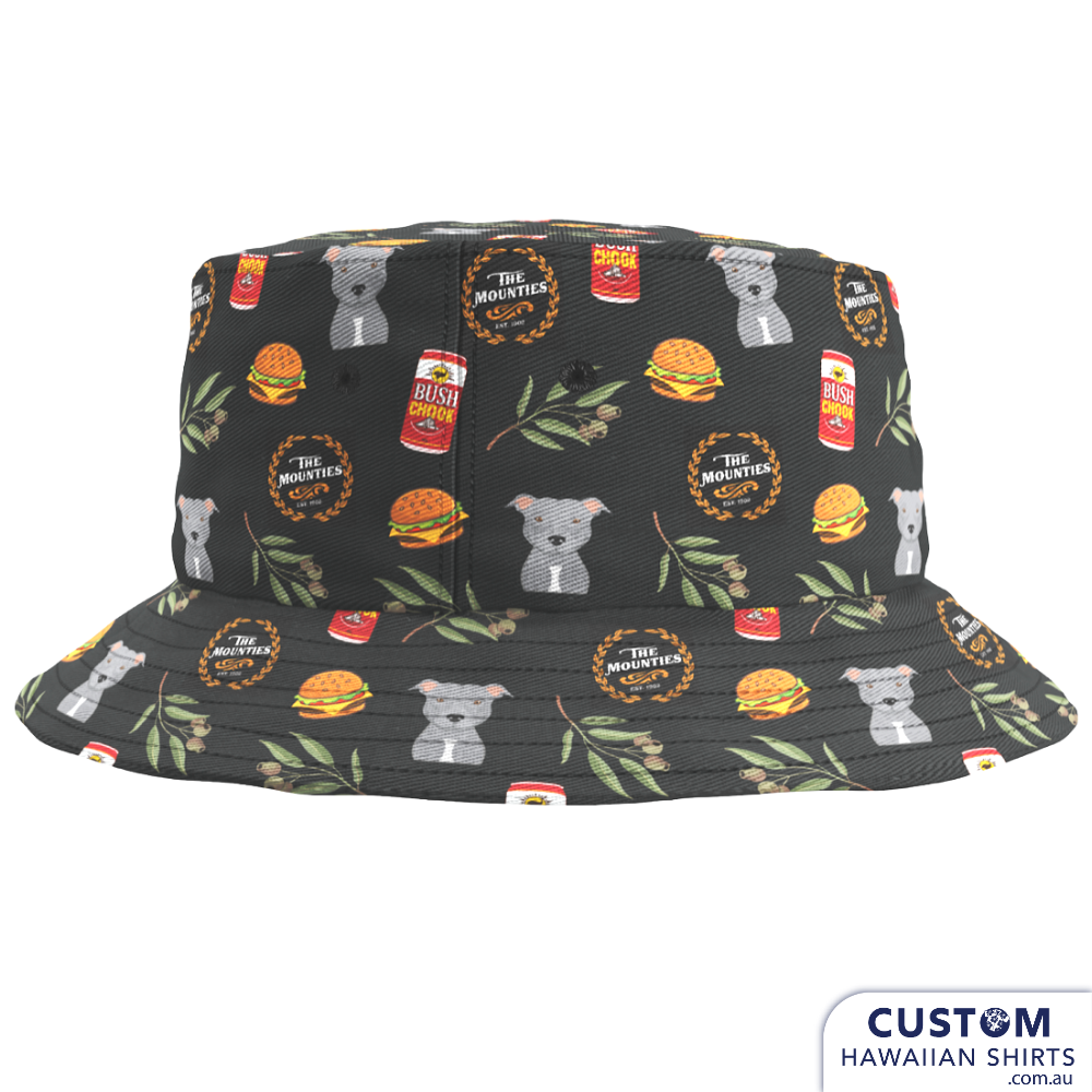Mount Helena Tavern ordered fun new custom hospitality bucket hats to match their custom uniforms in a modern Aussie look with Bush Chook beer cans, a dog, burgers and gum leaves.   A colourful addition to their merch line and staff uniforms and matching pet bandanas. Bucket Hats plus Mens & Womens Hawaiian Shirts