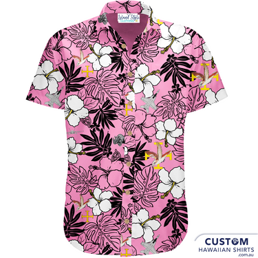 Proud to design and supply some custom shirts to Australian Military. 1 SQD RAA, QLD, ADT - Customised Hawaiian Shirts 100% Cotton Coconut embossed buttons New Pink edit (they had a yellow version first). Pink was made for family waiting at home.