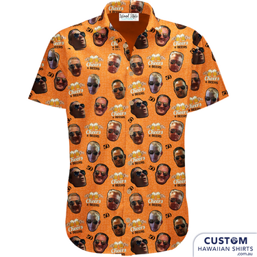 50th Birthday - Milestone Custom Face Hawaiian Shirts were designed with the birthday boys and his mate's faces all over it adding some beers and it's cheers! Let us design one for your special someone's Milestone birthday, bucks parties or any event.