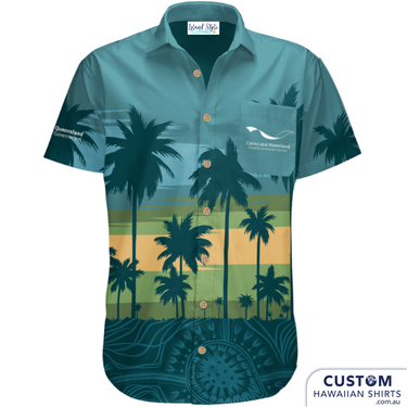 Cairns & Hinterland Hospital, FNQ - Custom Uniforms, Far North Queensland wanted new customised uniforms for their staff. It included a border of A&TSI art and palms throughout the design in their company colours. They were the first hospital staff in Queensland to be vaccinated. 100% Cotton Mens & Womens Custom Hawaiian Shirts