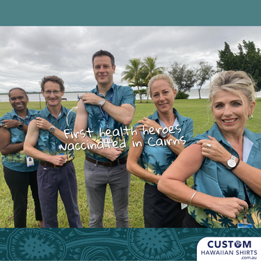 Cairns & Hinterland Hospital, FNQ - Custom Uniforms, Far North Queensland wanted new customised uniforms for their staff. It included a border of A&TSI art and palms throughout the design in their company colours. Fun fact - they were the first hospital staff in Queensland to be vaccinated. 100% Cotton Mens & Womens Custom Hawaiian Shirts
