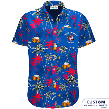 The Demons are heading north to Nyah Footy Trip, Darwin - 'Dee's on Tour' for their end of year footy trip. They wanted some unique customised Hawaiian shirt uniforms with lots of beers in red and blue and their logo sprinkled throughout. We added some green and red palms for a tropical vibe and their tour logo on the chest pocket. This team is really going to stand out in the tropics in matching clothing. Hawaiian Shirts 100% Cotton