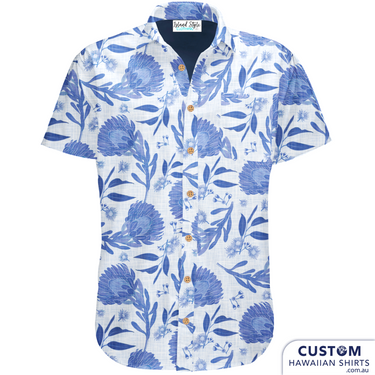 Kingscliffe Beach Bowls Club in northern NSW wanted a floral Hawaiian shirt in their club colours. We suggested Australian flowers for them and they loved it. This shirt features warratah flowers, gum flowers and gum nuts. We like to call it an 'Aussie shirt' not a 'Hawaiian shirt'. Get in touch if we can design something exclusively for you. 100% Cotton Designed with beautiful Australian botanicals