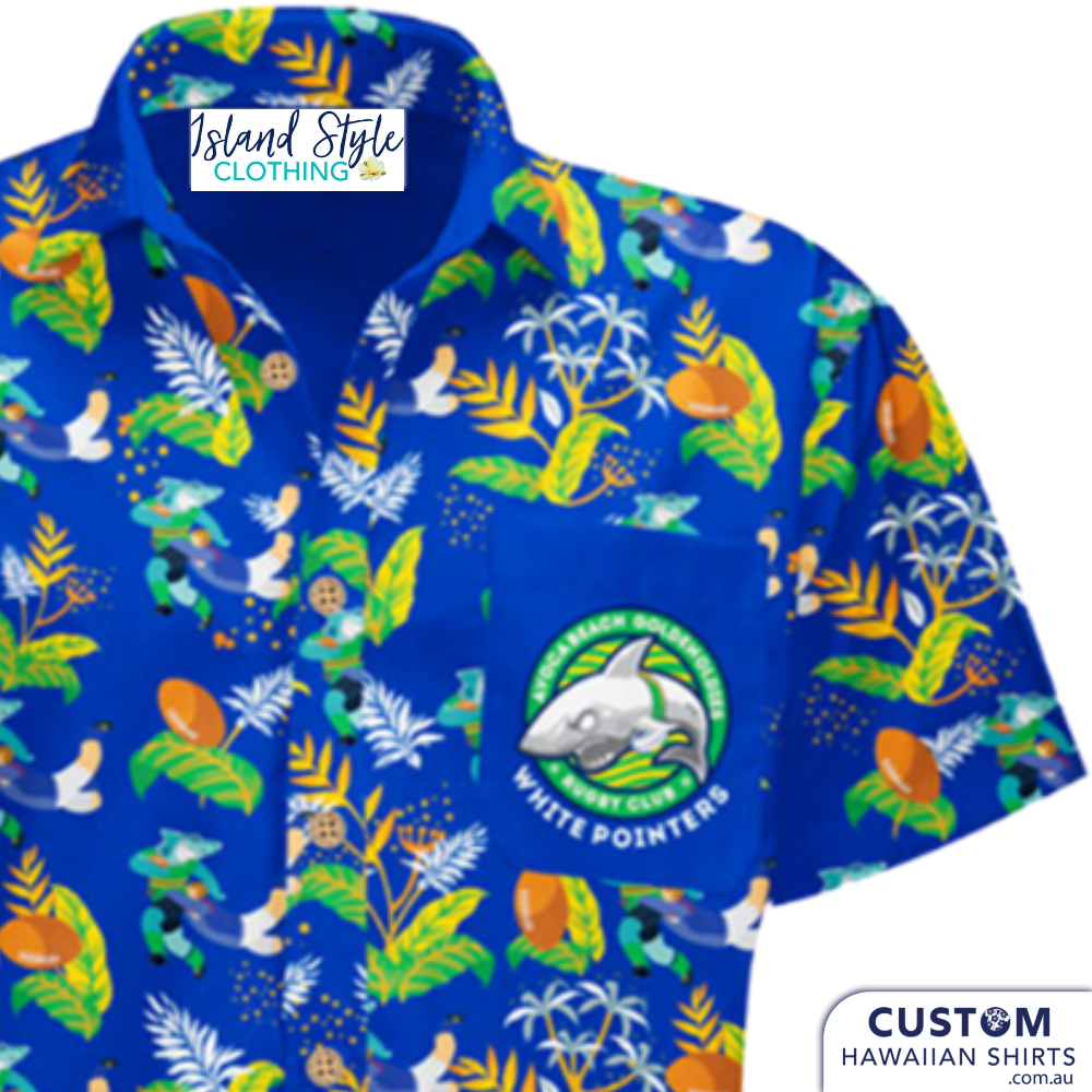Avoca Beach Golden Oldies Rugby Club new customised Hawaiian shirt uniforms.. Two versions for this club.  Hawaiian Shirts Logo on chest pocket