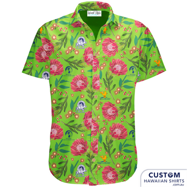 Bedourie Golf & Leisure Club in country Queensland geared up for their annual 'Camel and Pig Races' out west QLD. We designed and made for them reversible Custom Bucket Hats to match Hawaiian Shirts. Ridgey Didge this is the best event festival merch. Designed with beautiful Australian botanicals. 100% Cotton Twill 4 versions - Pink, Green, Yellow & Navy Blue Double sided Bucket Hat- Pink one side - Navy blue the other