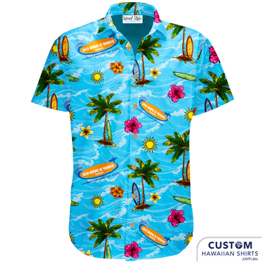 Go Ride A Wave, Surf School wanted some surfy and tropical inspired Custom Event Shirts. Soft touch rayon Hawaiian Shirts