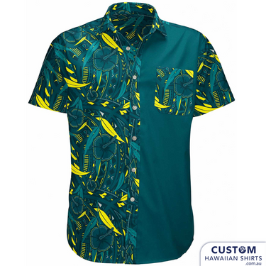 Proud to supply the Australian Olympic Committee these customised Hawaiian shirts for the team to wear to the Pacific Games in Samoa 2019. They wanted a shirt that represented Australia - gum leaves and also the host country with hibiscus flowers and tribal motif of course in the Australian team colours. These personalised and original shirts were worn to the opening and closing ceremonies. 100% Cotton Chest pocket Coconut buttons