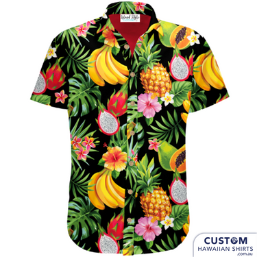 Surfers Paradise Beer Garden - Hospitality Uniforms are a super fruity print. Large graphic pineapples, bananas and more. When you are visiting the GC - Australia's party capital be sure to pop in there for a cold bevvy. 100% Cotton Coconut embossed buttons