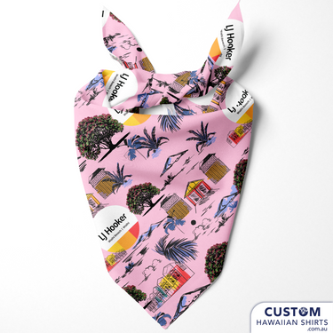 These cool custom pet Bandanas were made to match the Custom Hawaiian Shirts & Shorts for LJ Hooker, Waihi Beach, NZ. 100% Soft Rayon
