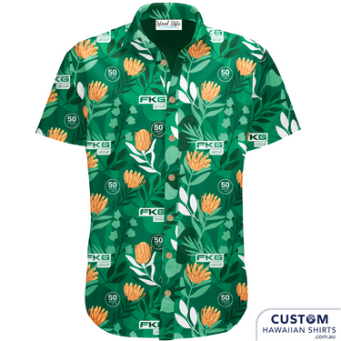 FKG Group, held their annual Conference at Sea World on the Gold Coast this year. They asked for Hawaiian shirts and of course we offered them Australian botanicals. This striking shirt with the main flower being an Aussie Native 'Waratah' appealed with their company colours and logo added.