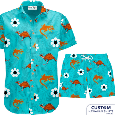 HMAS Arunta, NT, Navy - ADF - Hawaiian shirts, Shorts & Bucket Hats Off Duty Essentials Featuring kangaroos, crocodilles and the Sturt's Desert Rose - emblem of Northern Territory also features on their flag. 100% Cotton Shirts & Shorts Sets in blue - we also did a yellow version with matching bucket hats.