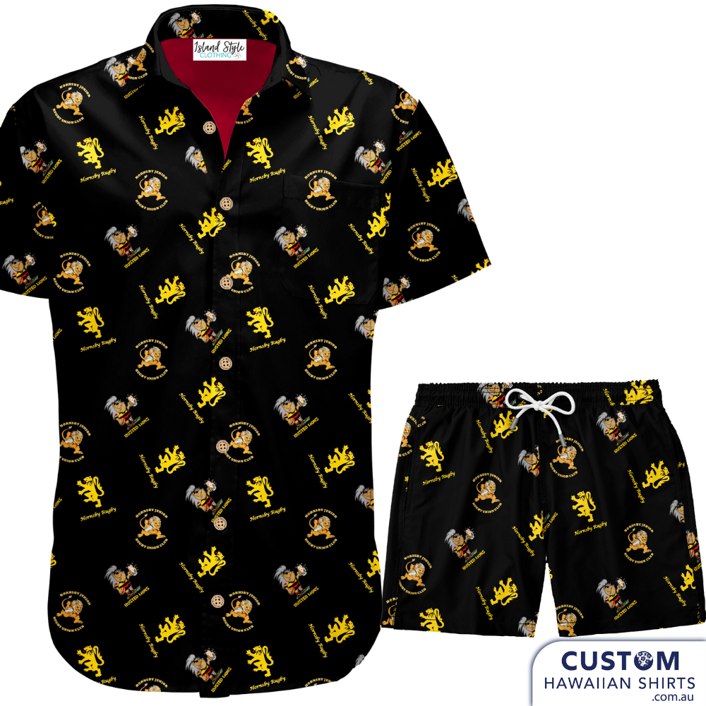 Hornsby Rugby Club 'Busted Lions' requested two versions of Customized Apparel. We designed and supplied them in mens, womens and childrens shirts sizes as well as mens shorts.   100% Cotton Coconut buttons