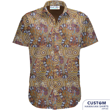 Customised Shirts made for Kuku Bulkaway Indigenous Art Gallery, Cooktown, FNQ. They paint stories they were taught as children about the local bush, food and animals. They supplied photos of their hand-painted art (original paintings you can view in our photo gallery). From there our clever design team created a seamless pattern and we turned them into wearable art on shirts and shorts. Deadly style!