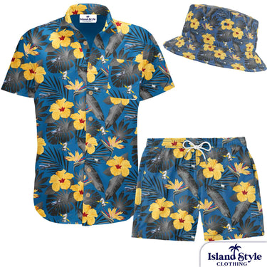 Tropical-themed shirt, shorts, and hat set with floral pattern on a white background.