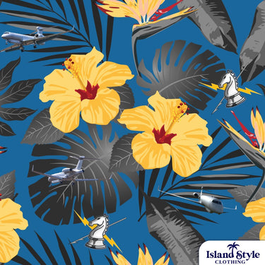 Tropical pattern with yellow flowers, black leaves, and airplanes on a blue background.
