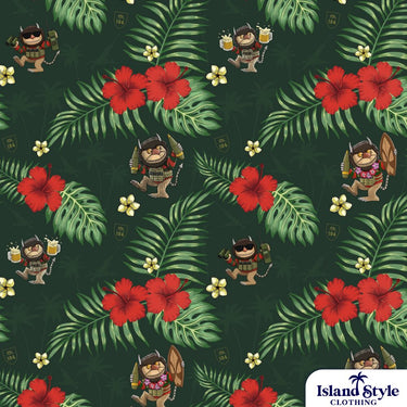 Pattern with cartoon characters and tropical leaves on a dark green background