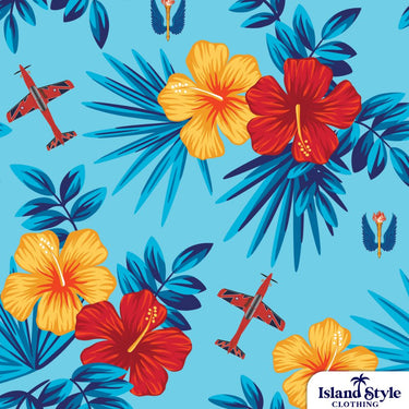 Pattern of red and yellow flowers with blue leaves and small airplanes on a blue background, featuring 'Island Style Clothing' logo.