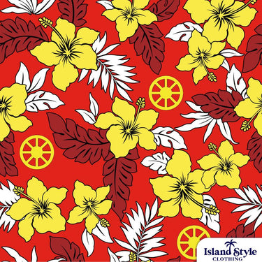 Tropical floral pattern with yellow flowers, red and white leaves on a red background, Island Style Clothing logo.