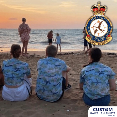 Proud to supply some custom team uniforms to 33 SQD, RAAF Base Amberley, QLD - Custom Aussie Military Shirts & Shorts. Cool design on this one with a sky blue Sky base, with palm trees pattern. Overlay of Planes, flowers, ibis birds and dragon graphics across pattern.  100% Cotton Coconut buttons
