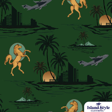 Patterned fabric with island scenery, palm trees, and leaping horses on a green background.