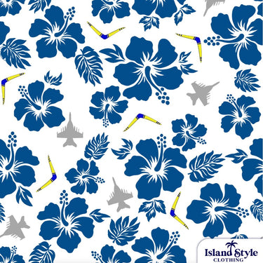 Pattern of blue flowers and gray airplanes on a white background with 'Island Style Clothing' branding.