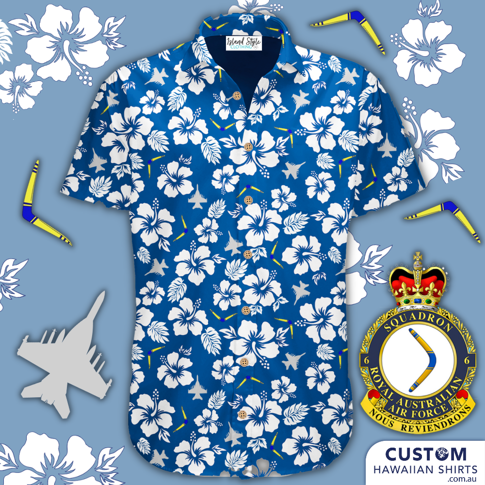 6 Squadron RAAF - Custom Military Shirts. This is a classic and stylish Hawaiian shirt design. Featuring fighter jets, hibiscus flowers and leaves on a blue base.  Cotton Hawaiian Shirts Embossed coconut buttons