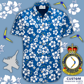 6 Squadron RAAF - Custom Military Shirts. This is a classic and stylish Hawaiian shirt design. Featuring fighter jets, hibiscus flowers and leaves on a blue base.  Cotton Hawaiian Shirts Embossed coconut buttons