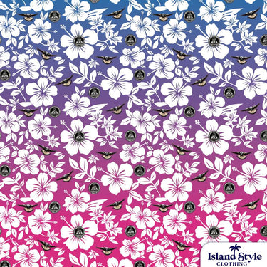 Floral pattern with white flowers and magpies on a blue to pink gradient base