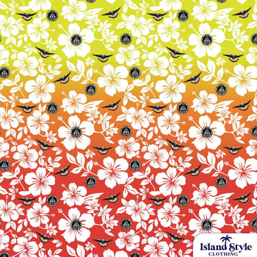 Floral pattern with white flowers and magpies on a yellow to orange gradient base
