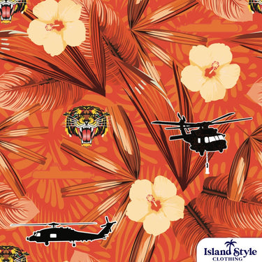 Tropical pattern with palm leaves, flowers, and helicopters on an orange background with 'Island Style Clothing' branding.